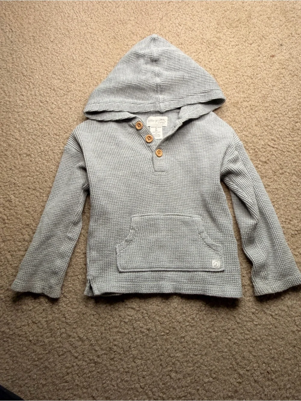 Carters Little Planet Light Gray Waffle-Knit Hooded Kids Sweatshirt 2T